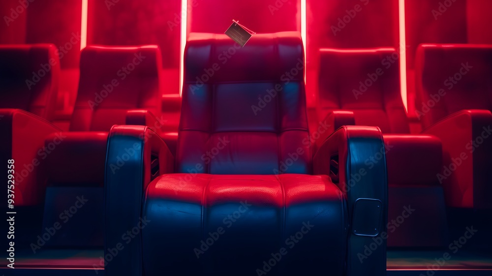Fototapeta premium Dramatically lit single cinema seat with a discount tag AI generated illustration