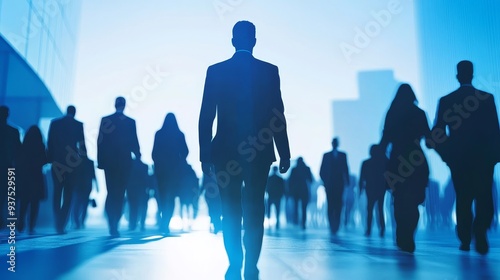 Silhouettes of people walking in a city, with a focus on the leading figure. The image conveys movement, progress, and the urban lifestyle.