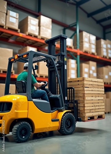 A yellow forklift lifts a large wooden pallet in a busy warehouse, operated by a Hispanic male worker. 