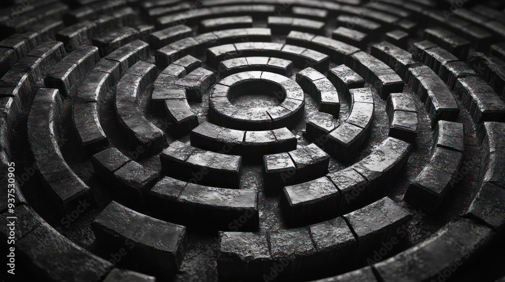 Monochrome Circular Maze - A detailed top-view of a circular stone maze in black and white, showcasing intricate patterns and depth, ideal for abstract designs. Monochrome Circular Maze - A detailed top-view of a circular stone maze in black and white, showcasing intricate patterns and depth, ideal for abstract designs.