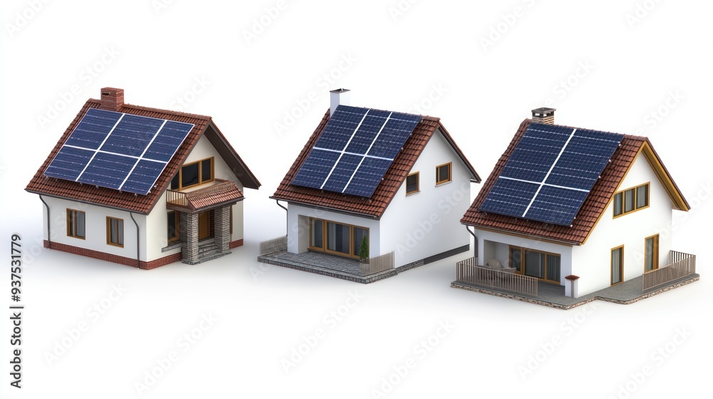 Three Houses with Solar Panels on Rooftops Three Houses with Solar Panels on Rooftops