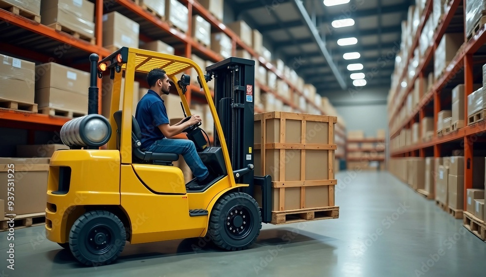 A yellow forklift lifts a large wooden pallet in a busy warehouse, operated by a Hispanic male worker.
A yellow forklift lifts a large wooden pallet in a busy warehouse, operated by a Hispanic male worker.