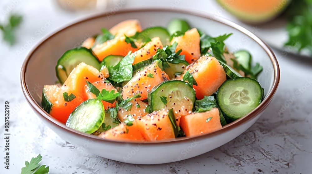 A cantaloupe and cucumber salad with a light vinaigrette dressing. A cantaloupe and cucumber salad with a light vinaigrette dressing.