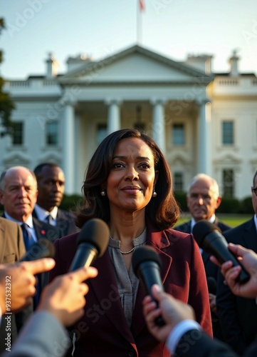 African American female senator speaks to the press in front of the White House, with symmetrical journalists and warm afternoon light.






 photo