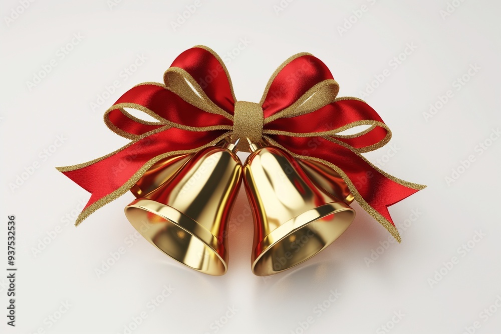 Golden bells with red bow isolated on white background Golden bells with red bow isolated on white background