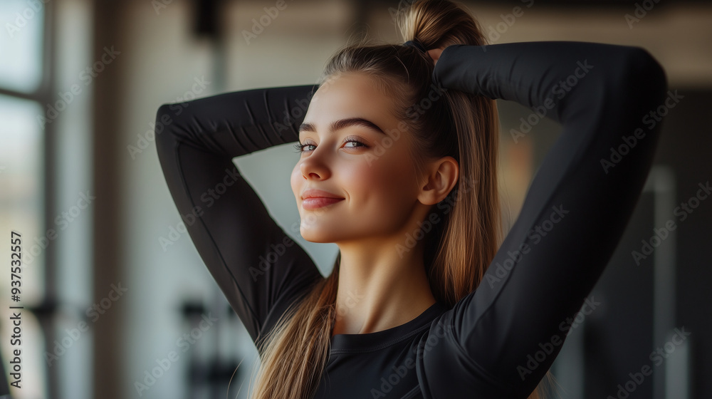Slender girl with long hair in a gym Slender girl with long hair in a gym