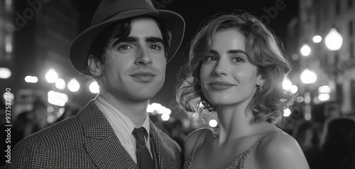 A black and white portrait of a couple with the man in a fedora and suit and the woman in a sequined dress against a backdrop of blurred city lights photo