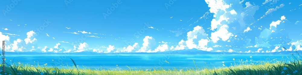 Obraz premium Dreamy Summer Paradise: Abstract Anime-Style Ocean and Sky Fusion. Romantic Coastal Getaway in Minimalist Design with Elegant Gradient Textures. AI-Generated Artistic Concept for Marketing, UI, and Hi