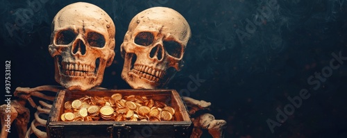 Skeleton pirates, treasure chest glowing with cursed gold, dark cave, Watercolor style
