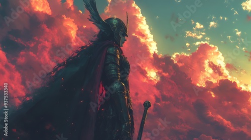 A Female Warrior Stands Against a Dramatic Sunset Sky.