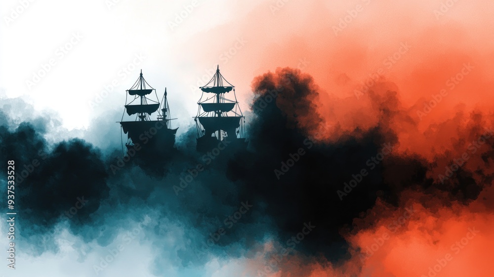 Fototapeta premium Abandoned pirate camp, haunted by spirits, eerie atmosphere, Watercolor style