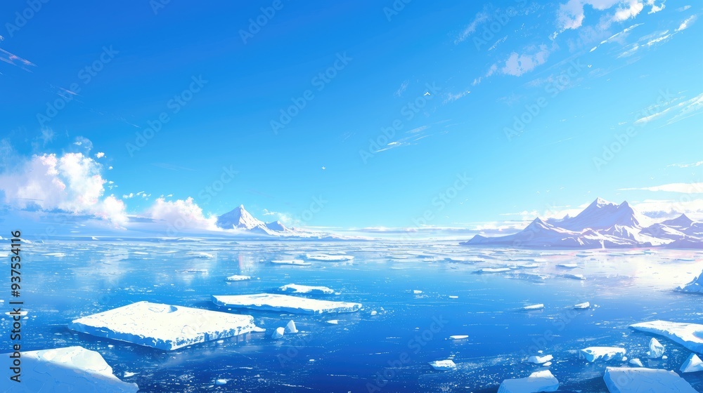 A stunning blue sky with puffy clouds, overlooking a frozen sea, scattered with ice floes and snow-capped mountains. A stunning blue sky with puffy clouds, overlooking a frozen sea, scattered with ice floes and snow-capped mountains.