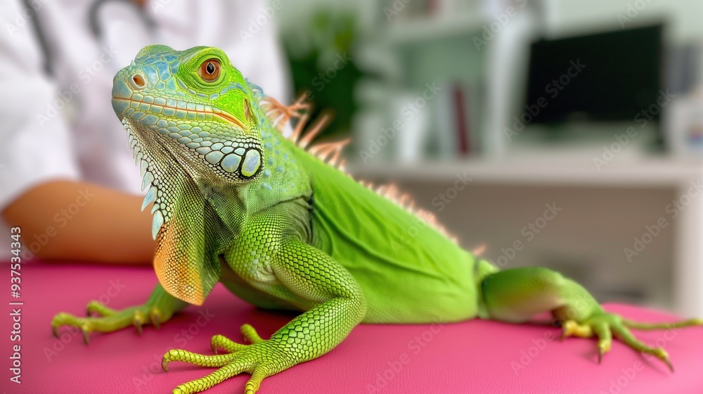 Fototapeta premium Modern vet clinic for exotic animals, cute iguana lizard with blurred veterinarian at the background.