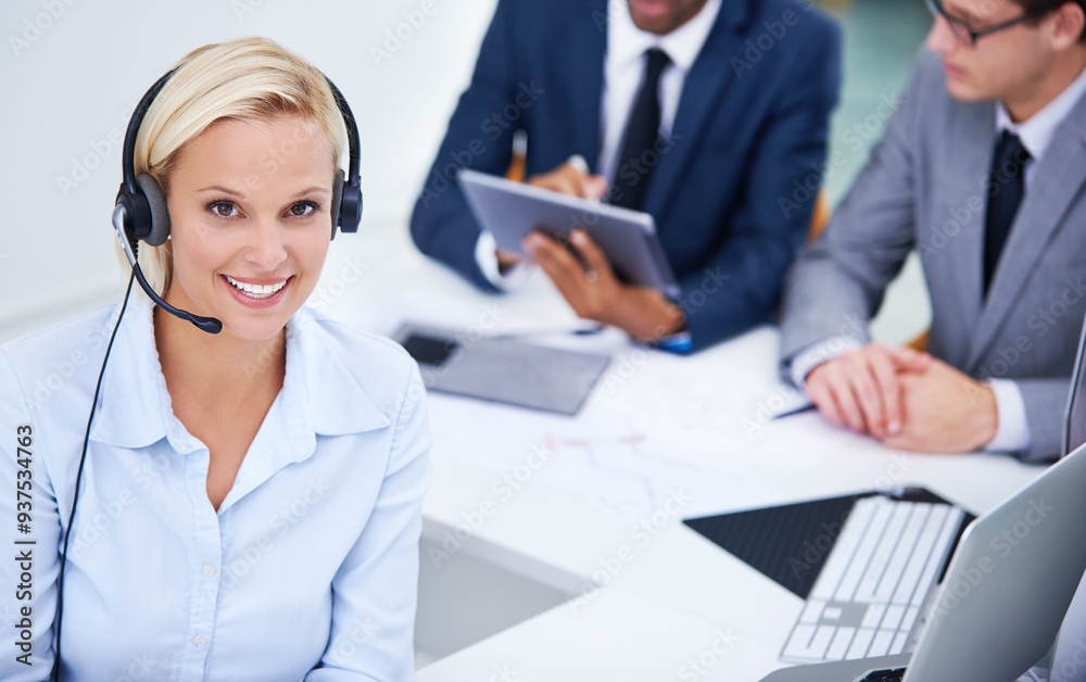 Call center, happy and portrait of woman consultant in office for international customer service omnichannel. Contact us, headset and female technical support agent with global crm consultation. Call center, happy and portrait of woman consultant in office for international customer service omnichannel. Contact us, headset and female technical support agent with global crm consultation.