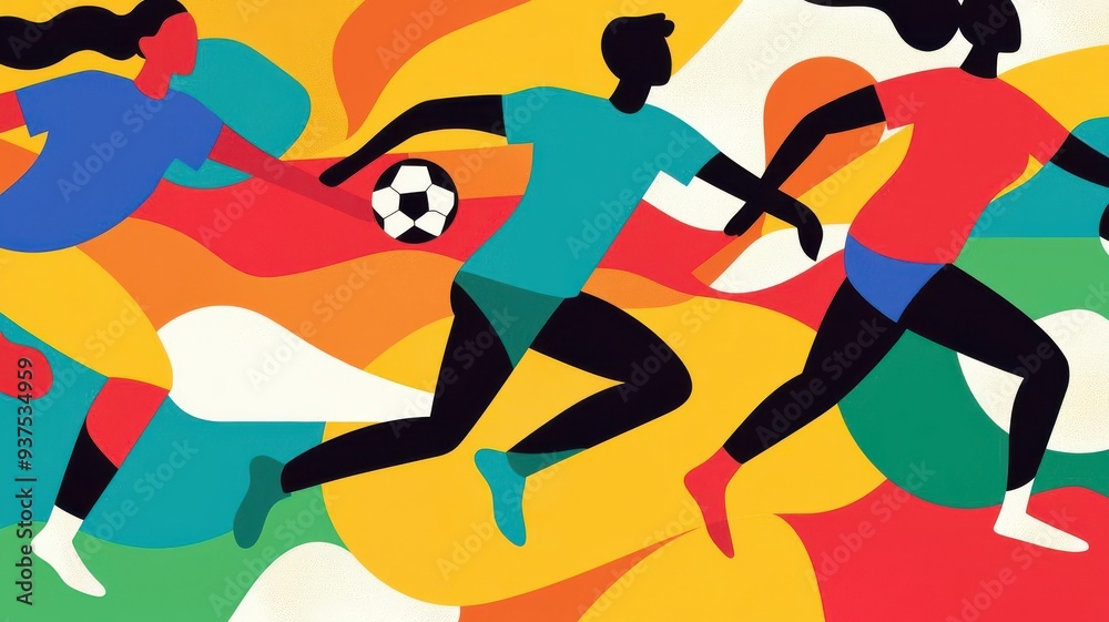 Dynamic illustration of athletes playing soccer, showcasing motion, energy, and teamwork in vibrant colors and shapes. Dynamic illustration of athletes playing soccer, showcasing motion, energy, and teamwork in vibrant colors and shapes.