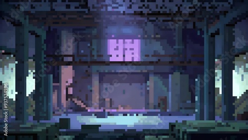 The interior of an abandoned factory pixel art background. 8-bit game assets photo