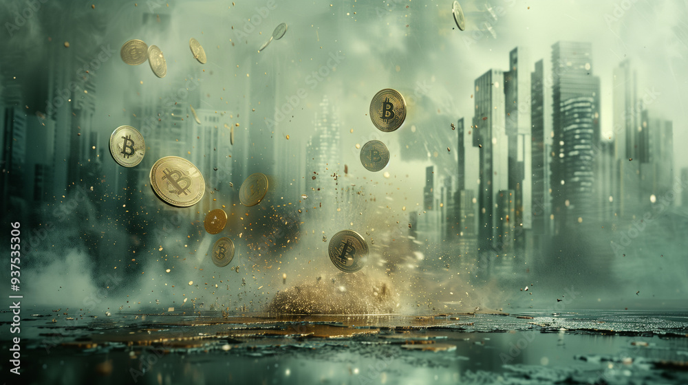 Fototapeta premium Bitcoin cryptocurrency crashing down exploding on pavement with dust and smoke in the air with city skyline in background