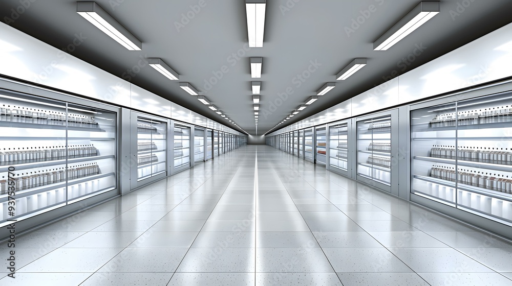 Obraz premium Empty Grocery Store Aisle with Refrigerated Shelving