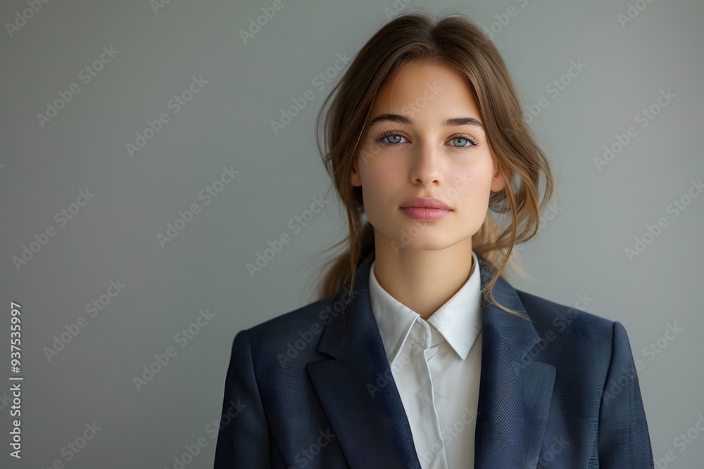 Professional Woman in Suit with Hair Tied Back Looking at Camera Professional Woman in Suit with Hair Tied Back Looking at Camera