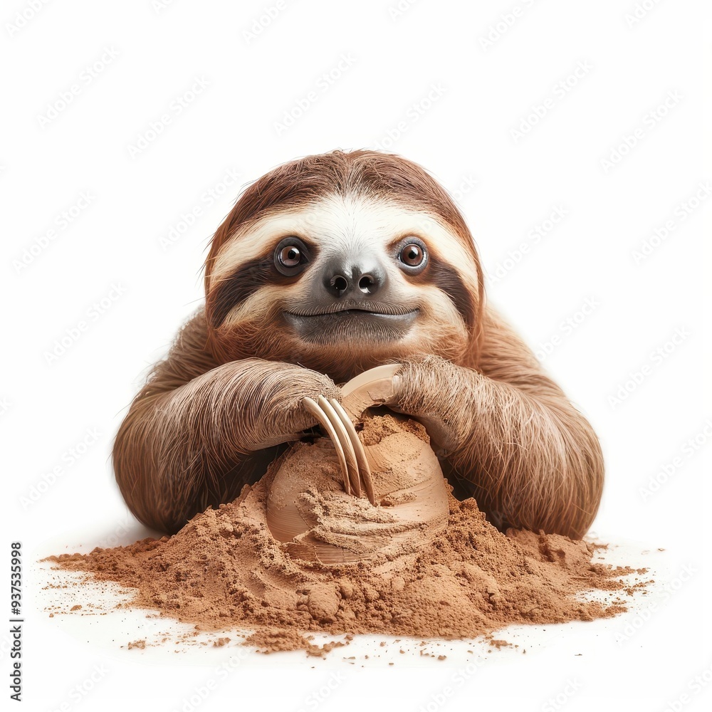 Fototapeta premium A cheerful sloth happily playing in a pile of sand, showcasing its adorable features and playful nature.
