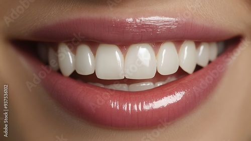 Close-up of a smiling mouth with perfectly aligned white teeth and soft pink lips