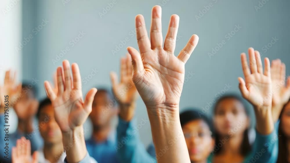 A group of people raising their hands during a meeting or business classroom session