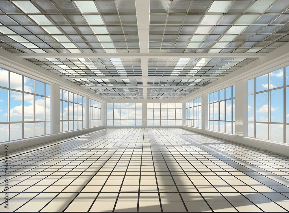 Obraz premium Modern Empty Room With Large Windows and White Tiled Floor
