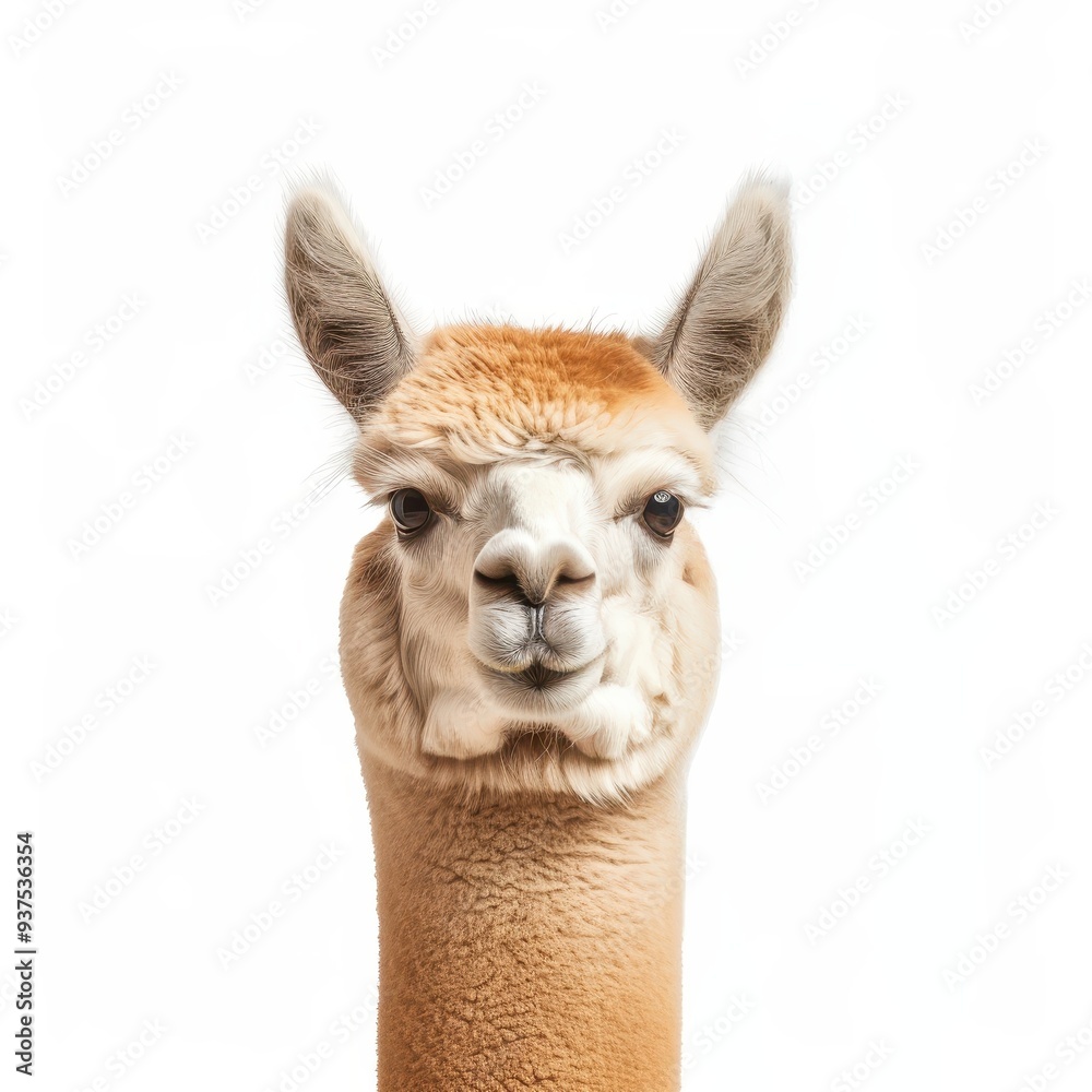 Obraz premium A close-up portrait of an alpaca with a soft expression, showcasing its unique features and fluffy fur against a white background.