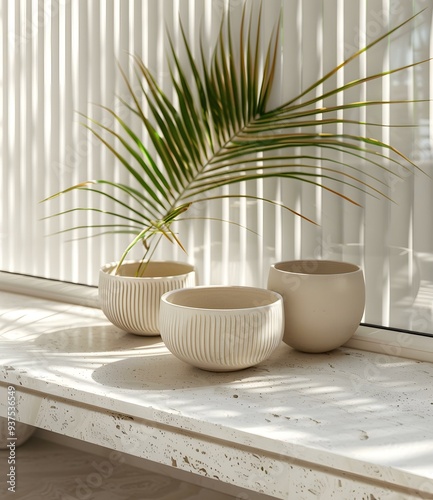 Minimalist Home Decor With Palm Leaf and Ceramic Pots