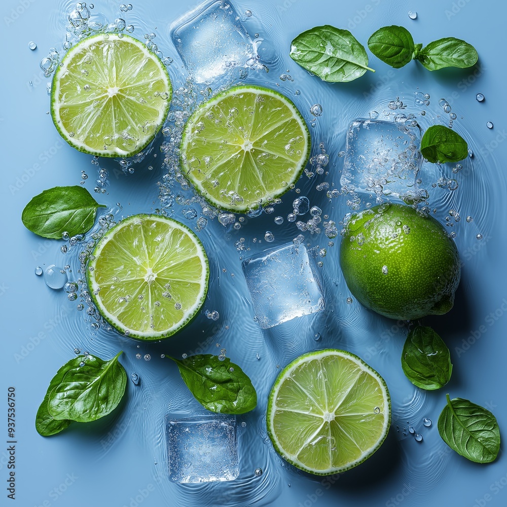 green lime, slices and menthol leaves with melting ice cubes and water splashes effects . aspect ratio 4157:1058 green lime, slices and menthol leaves with melting ice cubes and water splashes effects . aspect ratio 4157:1058