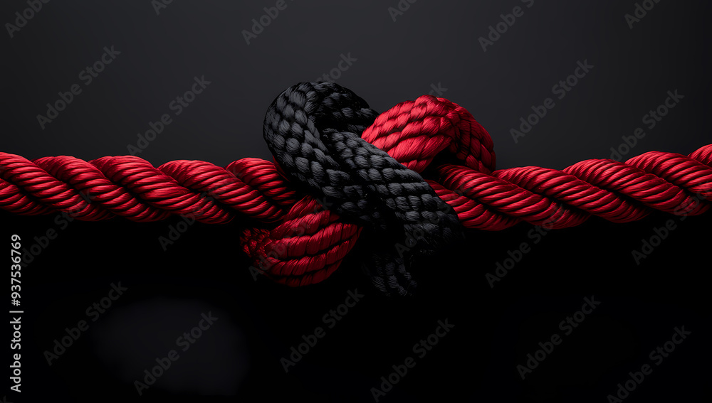 Black and red knotted ropes symbolizing unity and connection. Black and red knotted ropes symbolizing unity and connection.