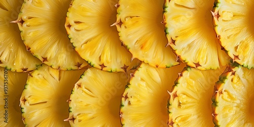 Close-up of sliced pineapple fruit, showing the yellow and brown flesh and green skin. photo