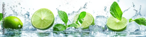 green lime, slices and menthol leaves with melting ice cubes and water splashes effects . aspect ratio 4157:1058