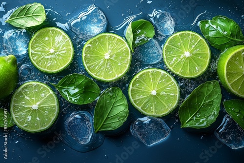 green lime, slices and menthol leaves with melting ice cubes and water splashes effects . aspect ratio 3:2 photo