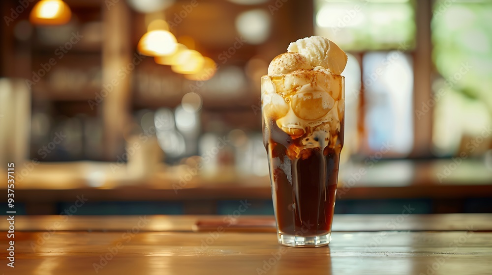 A classic root beer float with frothy foam and a scoop of vanilla ice cream, served in a tall glass. A classic root beer float with frothy foam and a scoop of vanilla ice cream, served in a tall glass.