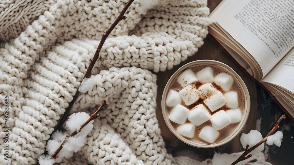 Flat lay of a cozy winter evening a chunky knit blanket a cup of cocoa with marshmallows and a book AI generated illustration Flat lay of a cozy winter evening a chunky knit blanket a cup of cocoa with marshmallows and a book AI generated illustration