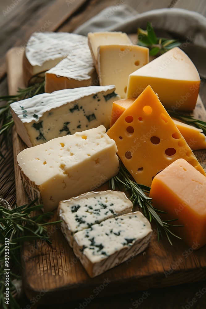 Flat lay of different types of cheese on a wooden board minimalistic style AI generated illustration
