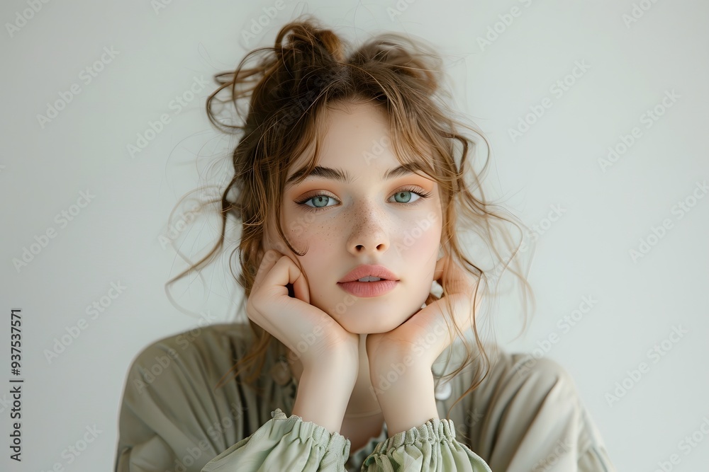 Serene Young Woman with Curly Hair and Freckles Serene Young Woman with Curly Hair and Freckles