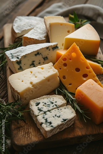 Obraz na płótnie Flat lay of different types of cheese on a wooden board minimalistic style AI generated illustration w salonie