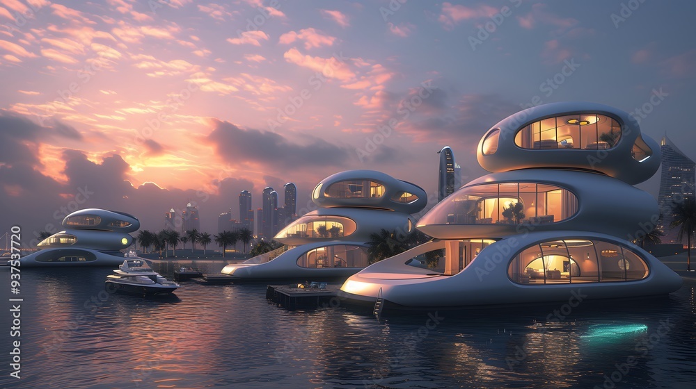 Obraz premium Floating futuristic homes in a technologically advanced city AI generated illustration