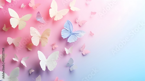 Flock of 3D butterflies against a springtime abstract pastel background AI generated illustration