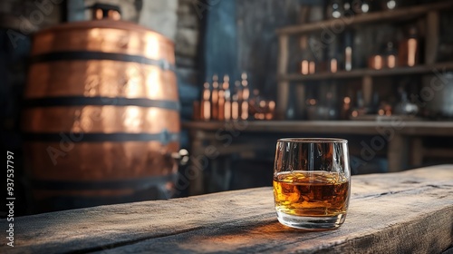 Wallpaper Mural A glass of whiskey in old oak barrel. Copper alambic on background. Traditional alcohol distillery concept. copy space for text. Torontodigital.ca