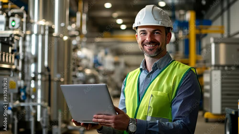 engineer in a factory, Caucasian smiling worker wearing white hat with green safety vest in industrial holding laptop to check and control electronic machine industry engineer in a factory, Caucasian smiling worker wearing white hat with green safety vest in industrial holding laptop to check and control electronic machine industry