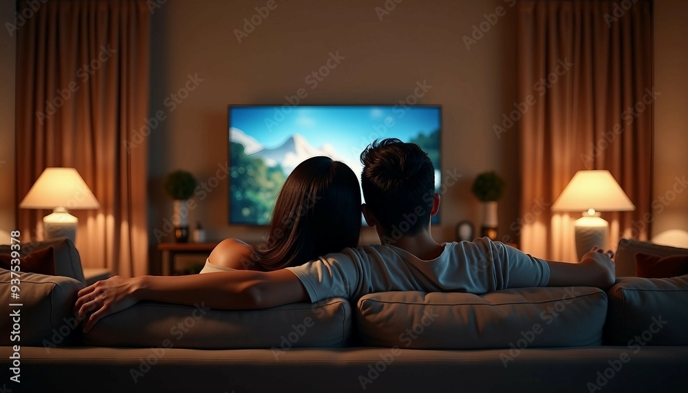 A lovely Asian woman and Hispanic man cuddle on an elegant sofa, watching TV in a softly lit, luxurious home. A lovely Asian woman and Hispanic man cuddle on an elegant sofa, watching TV in a softly lit, luxurious home.