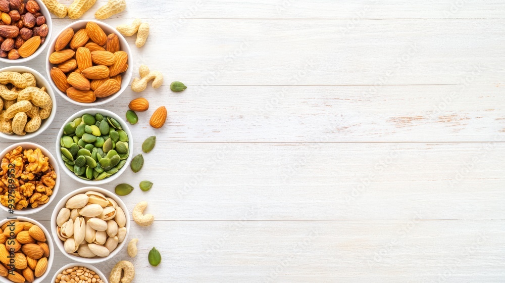 Variety of nuts, seeds, and dried fruits in small white bowls arranged on a light wooden background, perfect for healthy snacking. Nutrition, energy. Variety of nuts, seeds, and dried fruits in small white bowls arranged on a light wooden background, perfect for healthy snacking. Nutrition, energy.