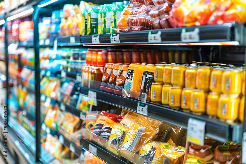 Fototapeta premium Supermarket Shelves with Food Products in Glass Cooled Display
