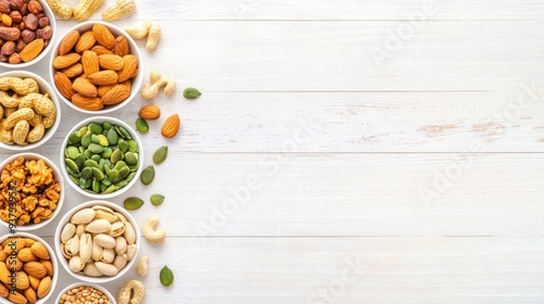 Variety of nuts, seeds, and dried fruits in small white bowls arranged on a light wooden background, perfect for healthy snacking. Nutrition, energy.