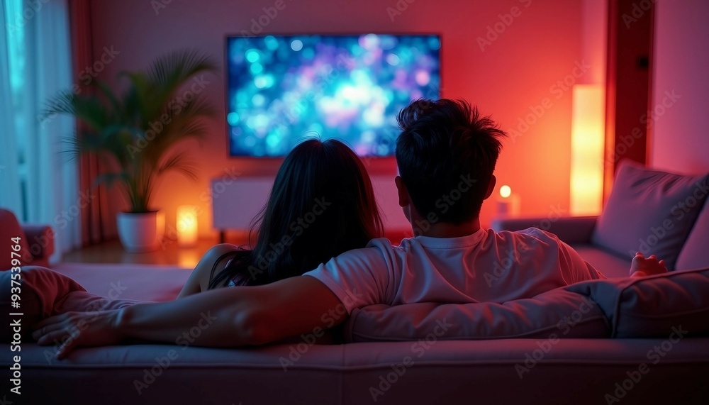 A lovely Asian woman and Hispanic man cuddle on an elegant sofa, watching TV in a softly lit, luxurious home. A lovely Asian woman and Hispanic man cuddle on an elegant sofa, watching TV in a softly lit, luxurious home.