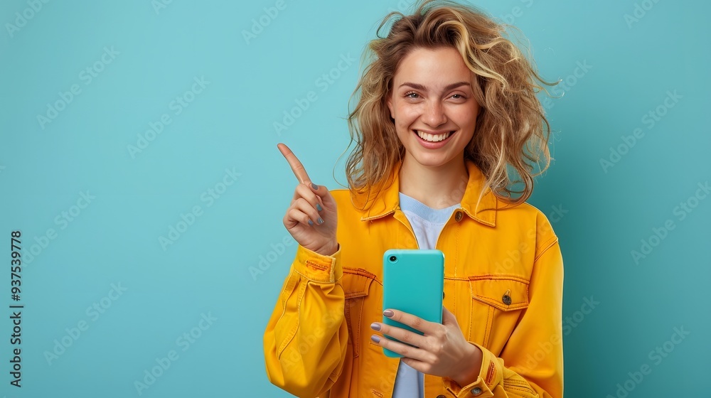 Smiling Woman Holding Phone Pointing Finger Up Blue Background Smiling Woman Holding Phone Pointing Finger Up Blue Background