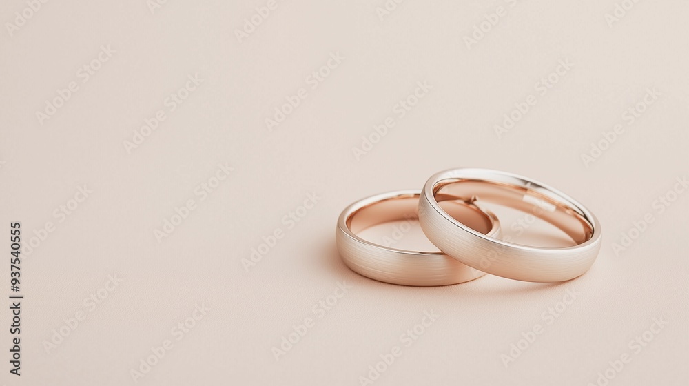A pair of wedding rings symbolizing marriage and lifelong commitment, against a soft beige background, positioned on the right side with the left side empty. A pair of wedding rings symbolizing marriage and lifelong commitment, against a soft beige background, positioned on the right side with the left side empty.